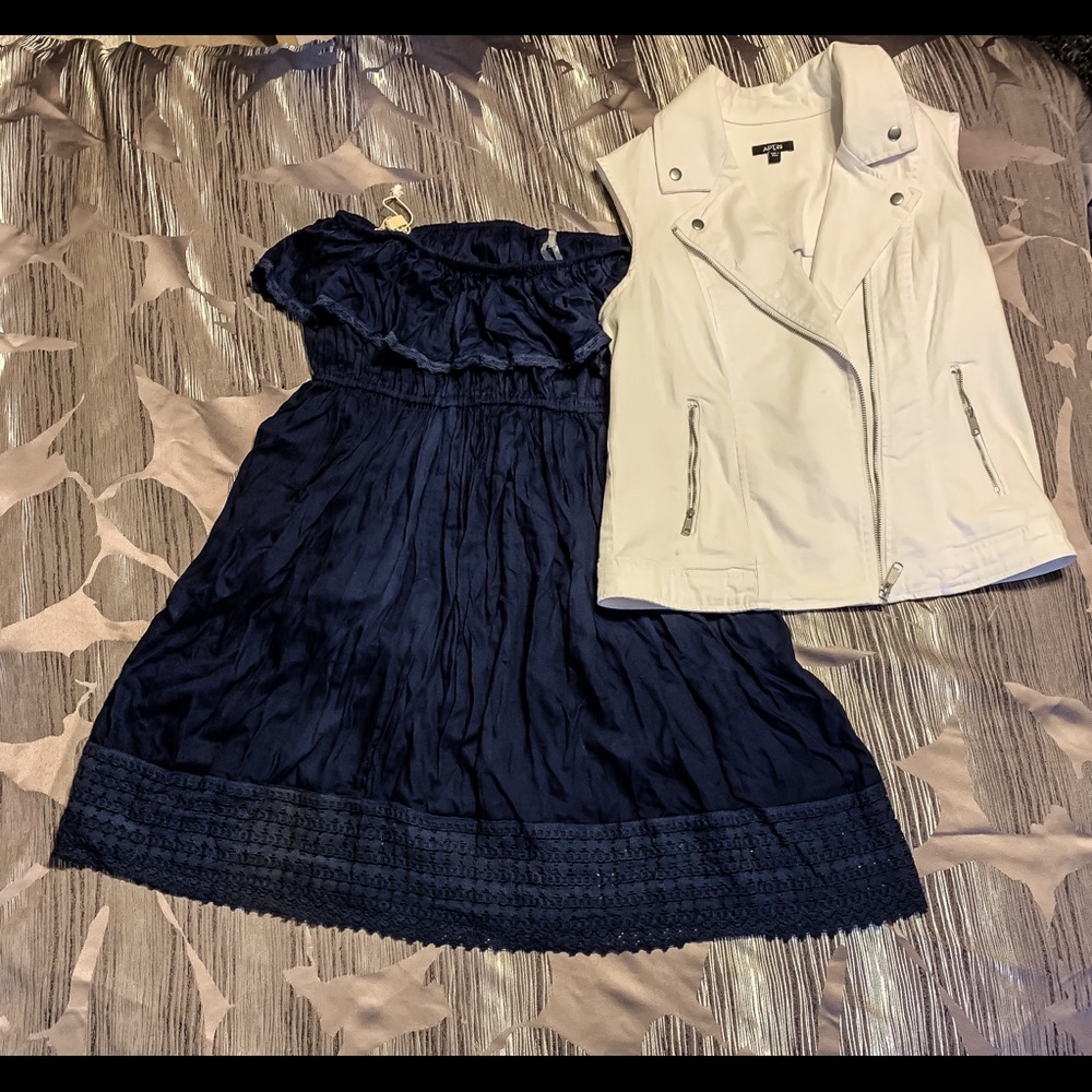 Navy blue beach dress, white jean vest